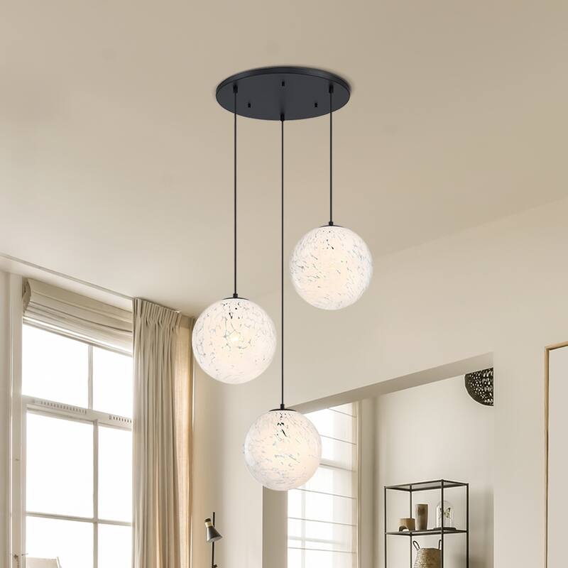 Circo 3-Light Matte Black Modern Globe Chandelier for Entryways with 12 in. White Art Glass Shades - 28
