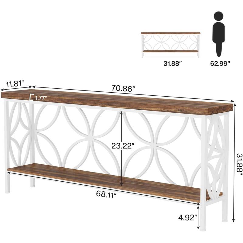 70.9” Industrial Console Table with 2-Tier Shelves Behind Sofa or Entryway Table with Metal Frame & Adjustable Feet