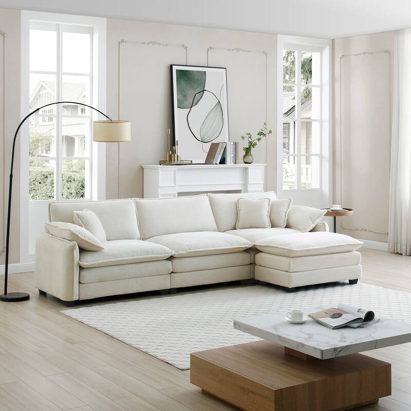 Beige 4-Piece Corduroy L-Shaped Modular Sectional Sofa, Removable Ottoman & 5 Pillows