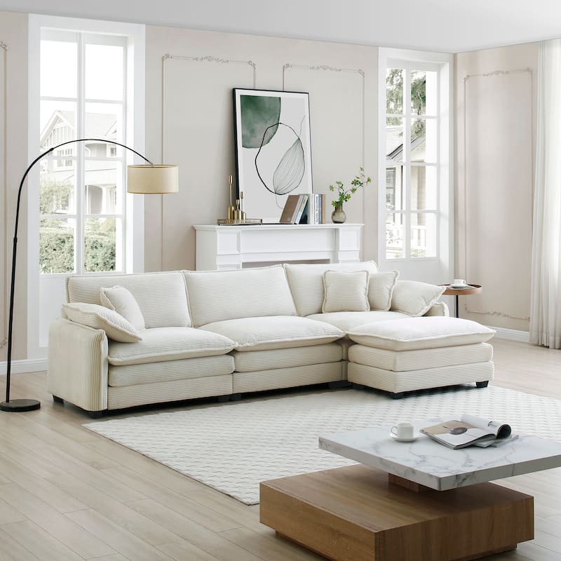 Modern Corduroy L-Shaped Sectional Sofa 3-Seater Deep Seat Sofa Couch with Ottoman for Living Room