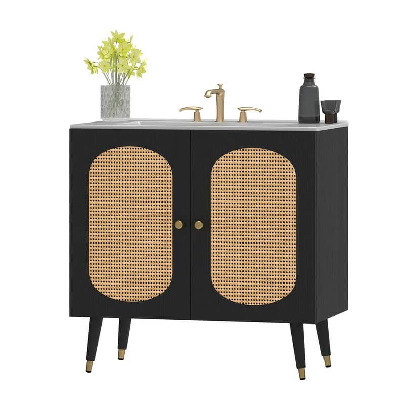 Moasis 24" Bathroom Vanity with Ceramic Sink, Rattan Double Door Cabinet and Drawer, Freestanding Solid Wood Legs
