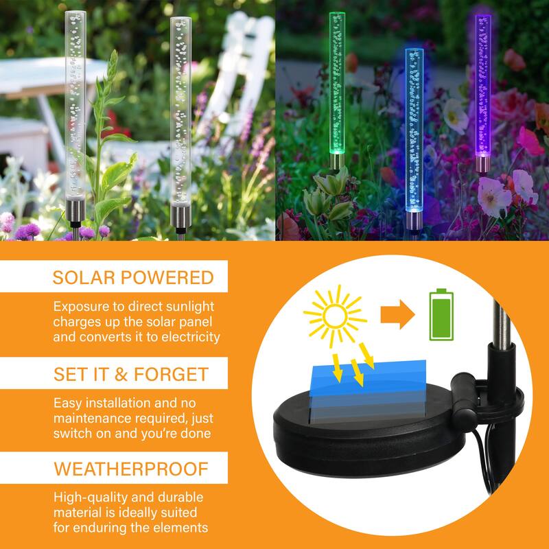 Exhart Two Solar Color Changing Acrylic Stationary Bubble Cylinder Garden Stake Set, 2.5 by 34 Inches