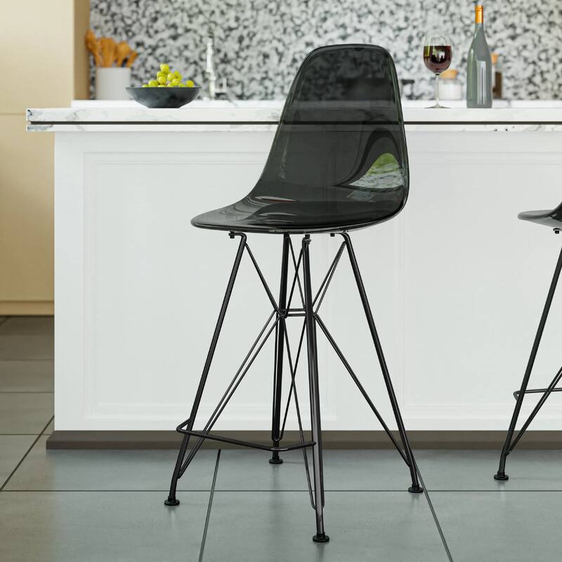 Cresco Acrylic Barstool in Brushed Black Steel Base with Ergonomic Seat, Footrest, & Floor Pads for Kitchen or Home Bar Set of 2