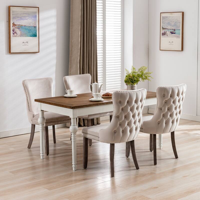 Velvet Upholstered Dining Chair Set of 2, Wing-Back Kitchen Chairs with Backstitching Nailhead Trim and Solid Wood Legs