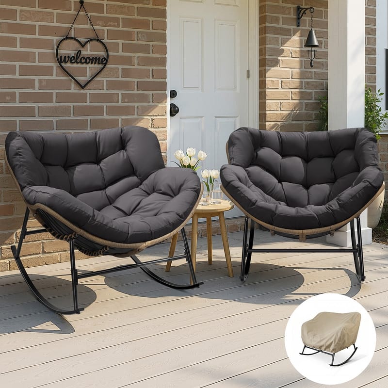 FINCATI Indoor Deep-seating Rocking Papasan Chair, Rocking Chair Outdoor, 450 lbs Outdoor Rocking Chair, Oversized Rocker Chair - 2PCS-Dark Gray w/ Cover