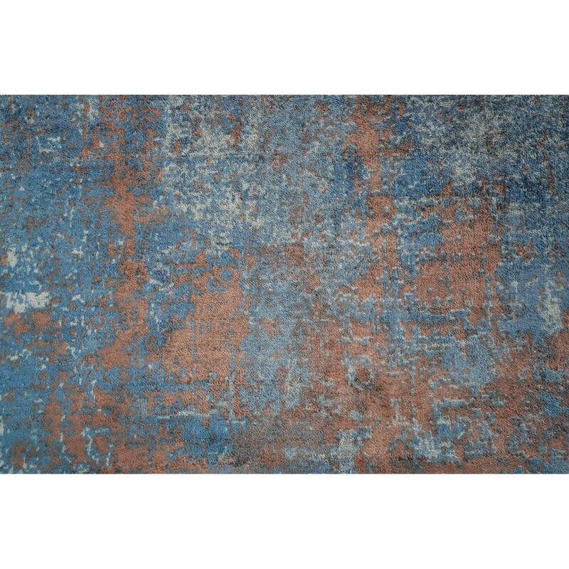 Hand Knotted Oriental Viscose Silk Carpet Modern Abstract Navy Blue & Blues Abstract Area Rug - 7' 10'' X 5' 0''
