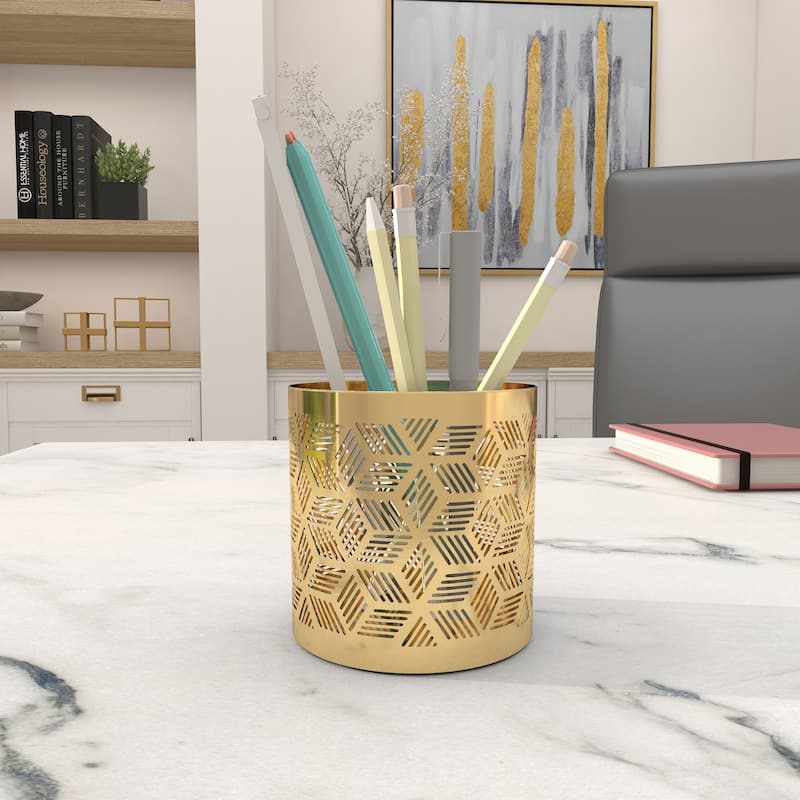 Metal Geometric Pencil Cup with Laser Carved Design - Gold - Roche River Decor