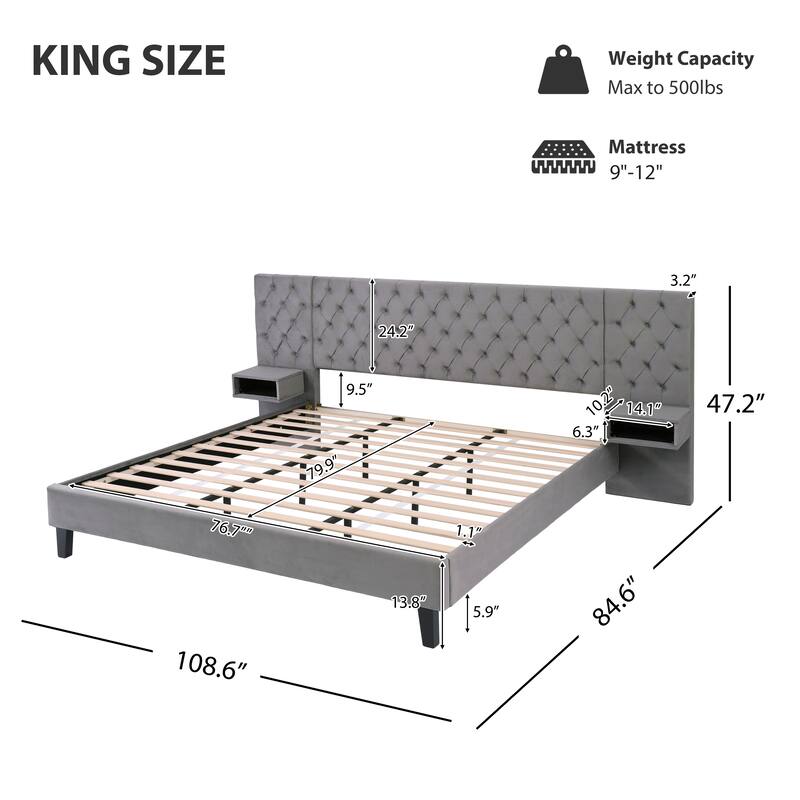 Modern Velvet Upholstered Platform Bed with 2 Nightstands Storage Bed, Diamond Tufted Wingback Bed, Low Profile Panel Bed