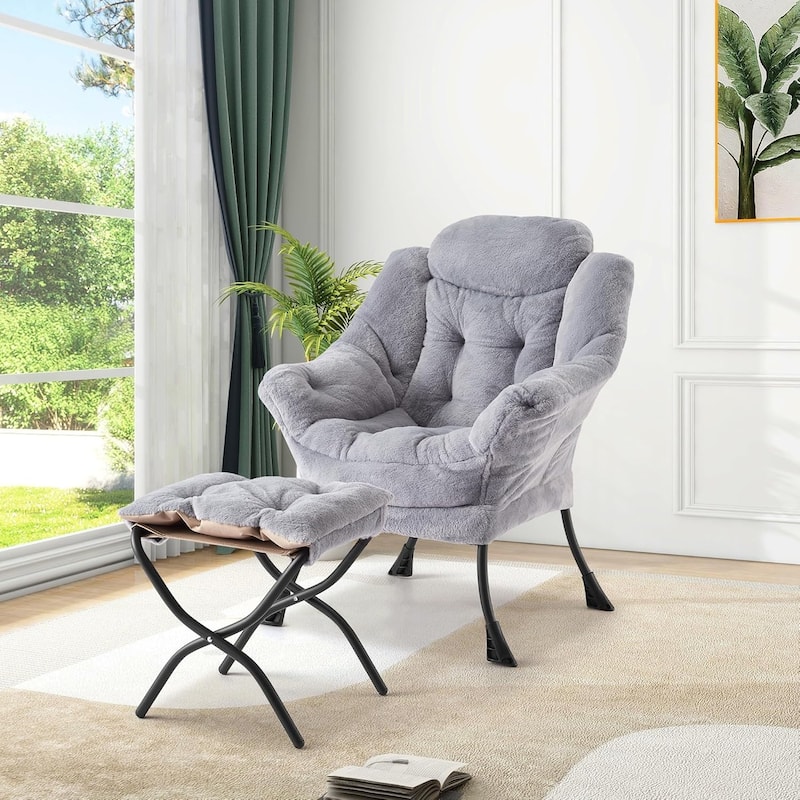 Lazy Chair with Ottoman, Modern Lounge Accent Chair, Leisure Sofa Armchair with Footrest - Grey