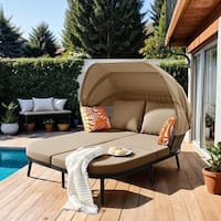 4 Piece Outdoor Daybed, PE Rattan Patio Daybed, Patio Sofa Set With Retractable Canopy, Cushions And Lifting Table, Patio Bed Furniture For Garden