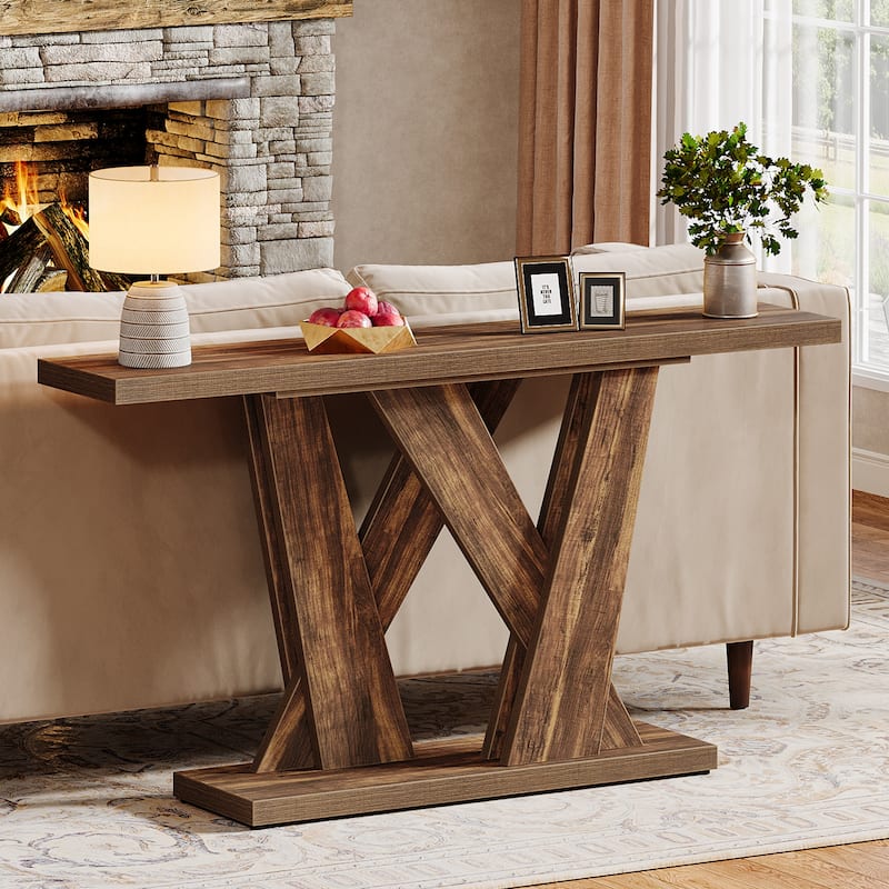 55'' Farmhouse Console Table, Wood Entryway Table with Geometric Base
