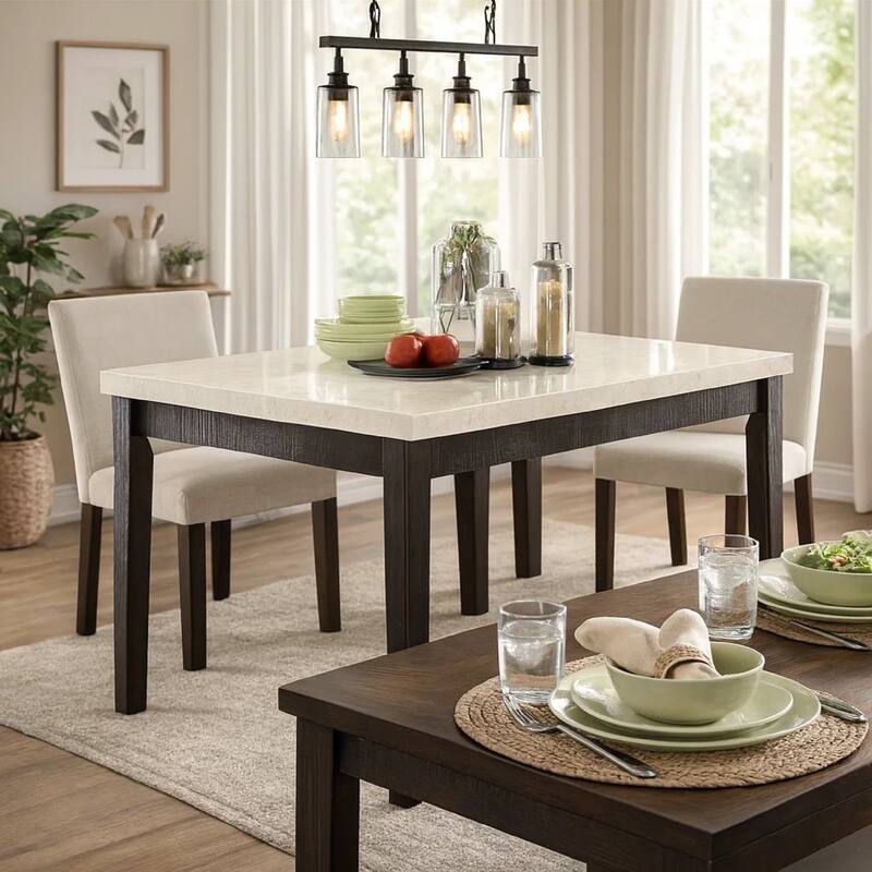 Wooden Counter Height Table With Marble Top, White and Black