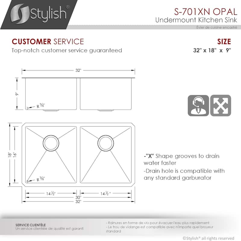 STYLISH 32 inch Graphite Black Double Bowl Undermount Stainless Steel Kitchen Sink with Grids and Basket Strainers Handmade