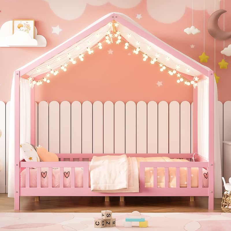 Montessori Bed, House-shape Frame Platform Bed for Kids Toddler, Wood House Daybed with High Railings and Roof, Canopy Bed Frame