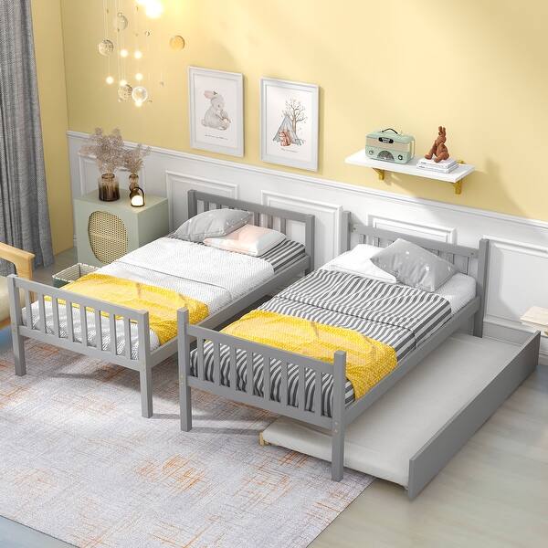 slide 2 of 7, Twin Over Twin Bunk Bed with Trundle, Convertible Design & Safety Rails