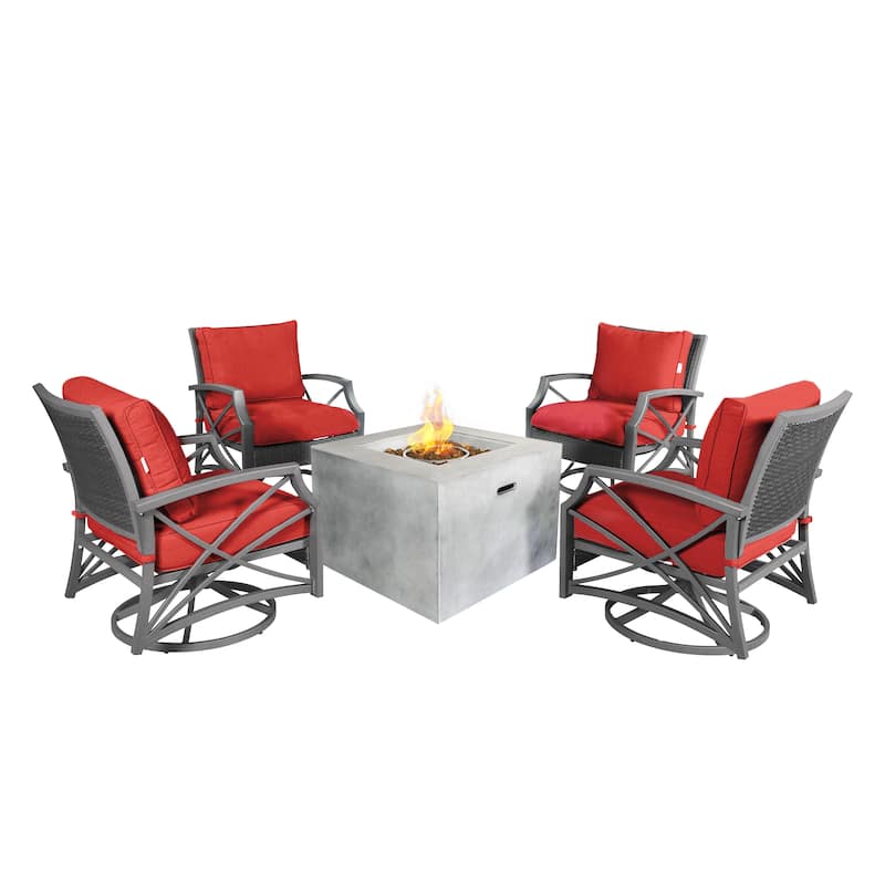Kai 32" Square Concrete Propane Fire Pit Set for Patio (40,000 BTU) - 5PC/Grey/Red - 5PC SET