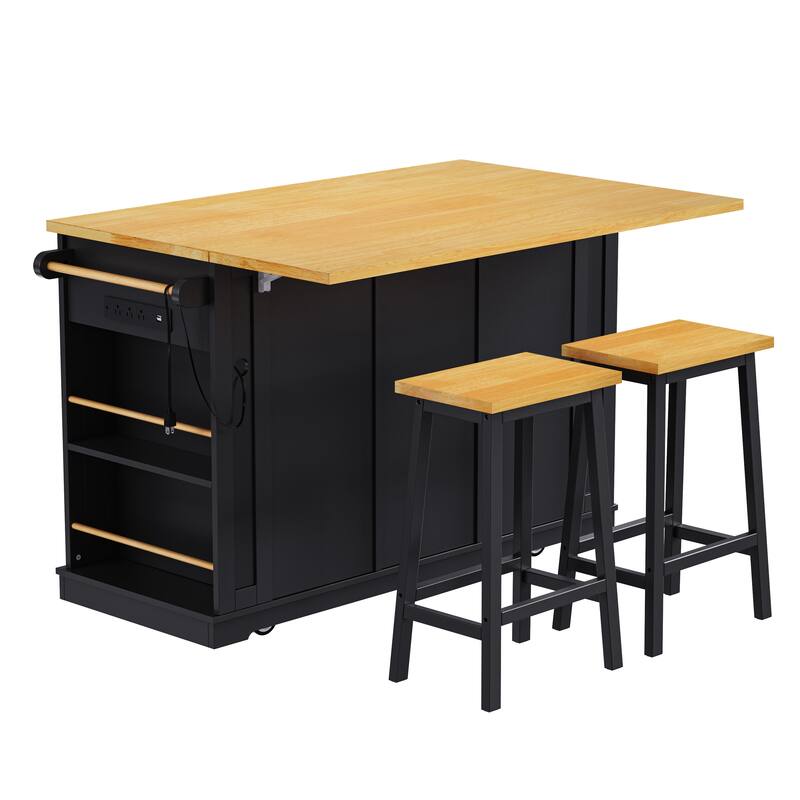 Kitchen Island on 5 Wheels with Drop Leaf, Rolling Island Cart with Power Outlet, Bar Cabinet with Internal Racks & 2 Bar Stools