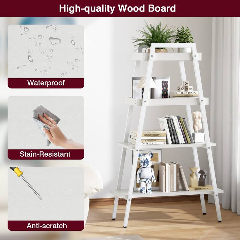 VECELO Modern 4-Tier Corner Ladder Bookshelf Metal & Waterproof MDF Shelves for Living Room Kitchen & Bathroom Corner Bookcase