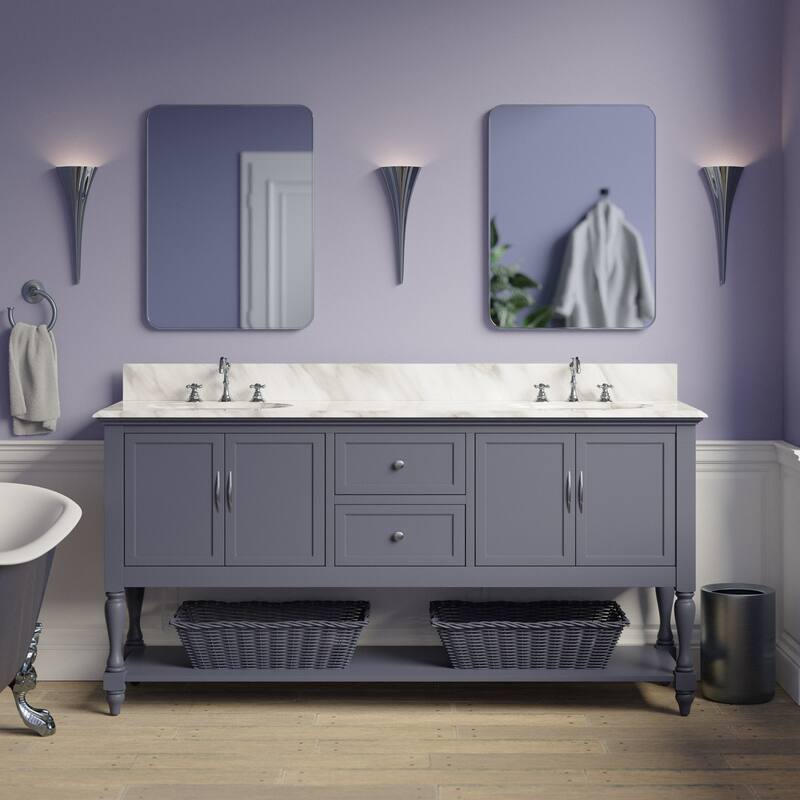 KitchenBathCollection Beverly 72" Double Bathroom Vanity with Carrara Marble Top - Marine Gray