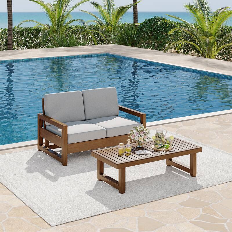Teak Loveseat Patio Set with Cushions and Table (2-Piece)