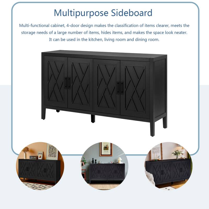 Four Door Wooden Twill Sideboard - Black + Dark Walnut