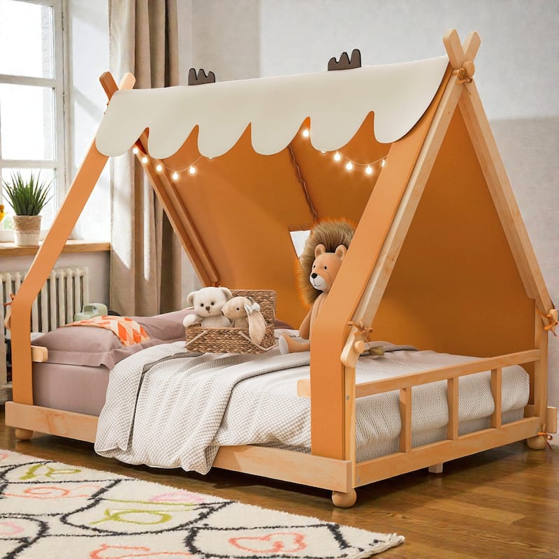 Twin/Full House Bed with Detachable Tent and Skylight, Kids Cabin Bed with Canopy, Light, and Forest-Themed Accents