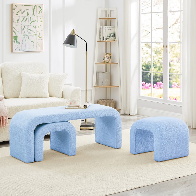 Set of 3 U-Shaped Modern Bench Teddy Ottoman Bench for Entryway, Bedroom End of Bed, Set of 3 Small Sofa Footrest Extra Seating