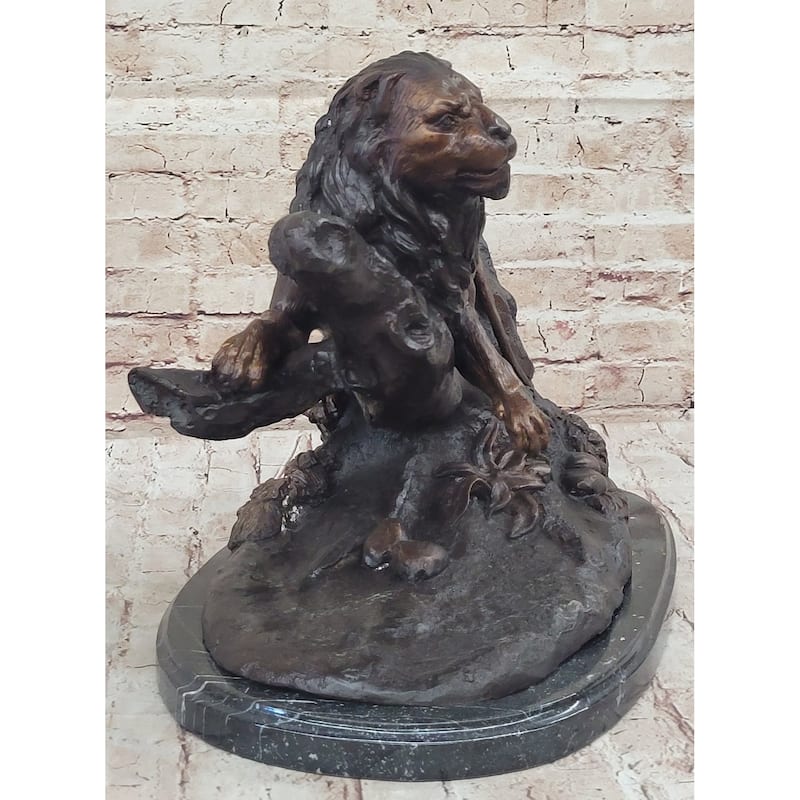 Lion Resting On A Branch - Bronze Sculpture Statue Wildlife Decor By J. Moigniez