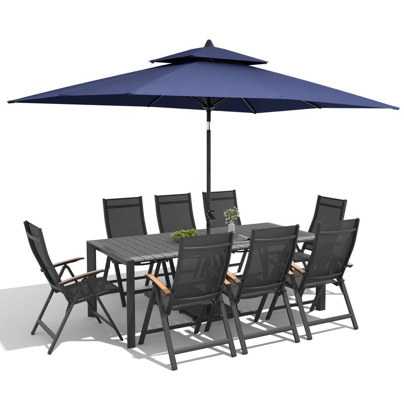 9/11-Piece Outdoor Patio Dining Set Aluminum Dining Table and Chairs w/10 ft Market Umbrella and Base with Wheels
