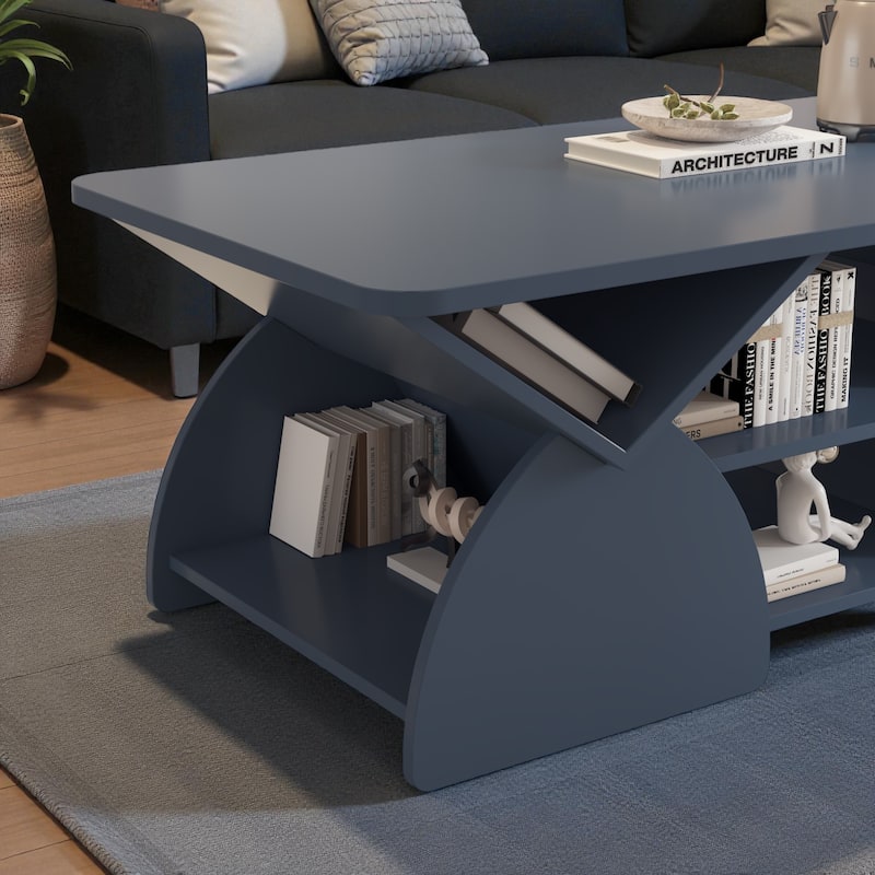 47.2'' Modern Engineered Wood Coffee Table with Open Storage Shelves, Rounded Corners & Sturdy Frame for Living Room