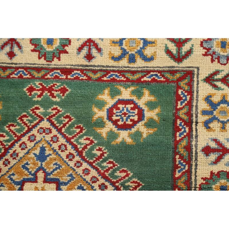 Green Kazak Runner Rug Hand-Knotted Geometric Wool Carpet - 2'7" x 16'2"