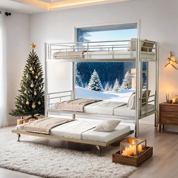 slide 2 of 43, Metal Twin over Twin Bunk Bed with Trundle and Guardrail, Silver Silver