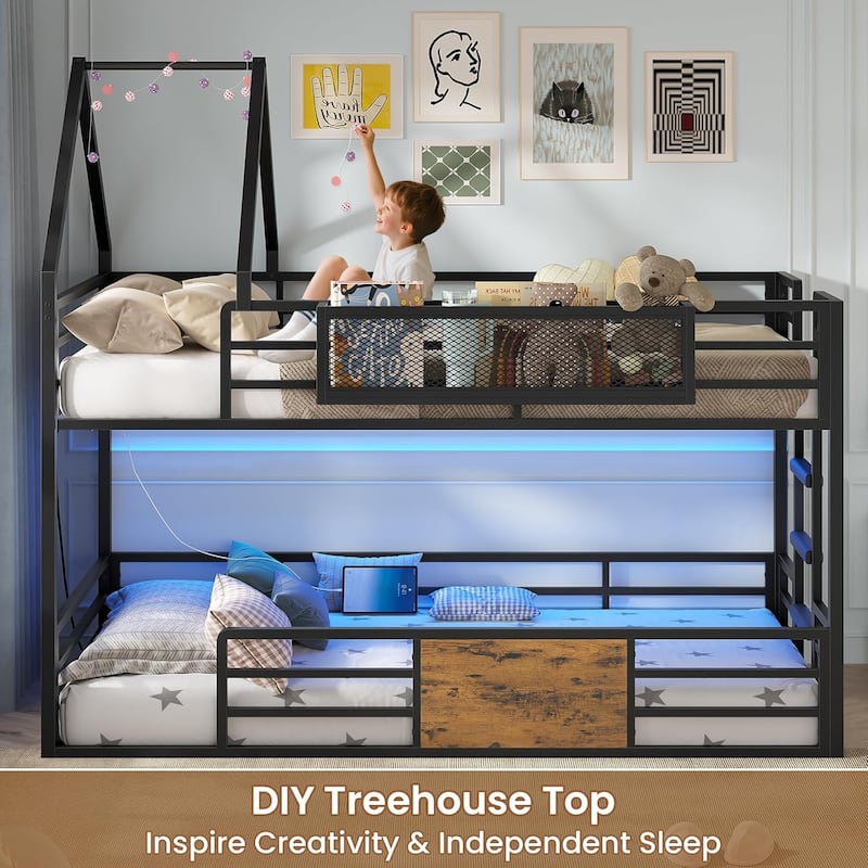 House Low Loft Bed Twin Size Storage Drawers Bookcase LED Lights