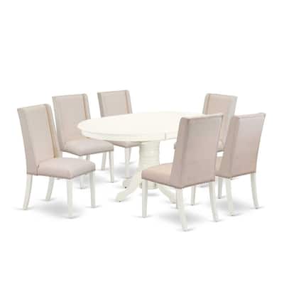 HomeStock 7-Pc Linen White Finish Solid Wood Top Dining Table with 6 Parson-Chairs