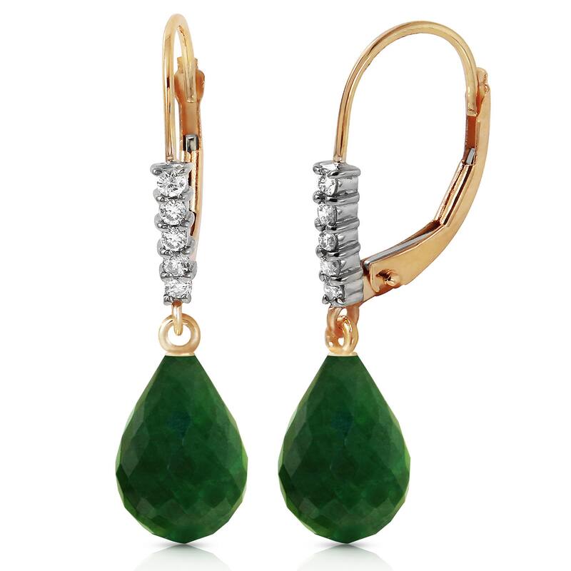 14K Solid Gold Leverback Earrings Natural Diamond & Emerald Certified - Yellow