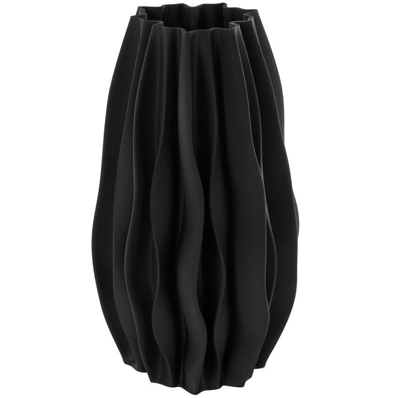 Black Ceramic Dimensional Wavy Ribbed Abstract Vase with Floral Shaped Rim