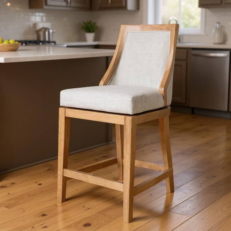 HomeRoots 26" Beige and Natural Fabric and Solid Wood Counter Height Swivel Bar Chair - Counter Height - Beige - Single