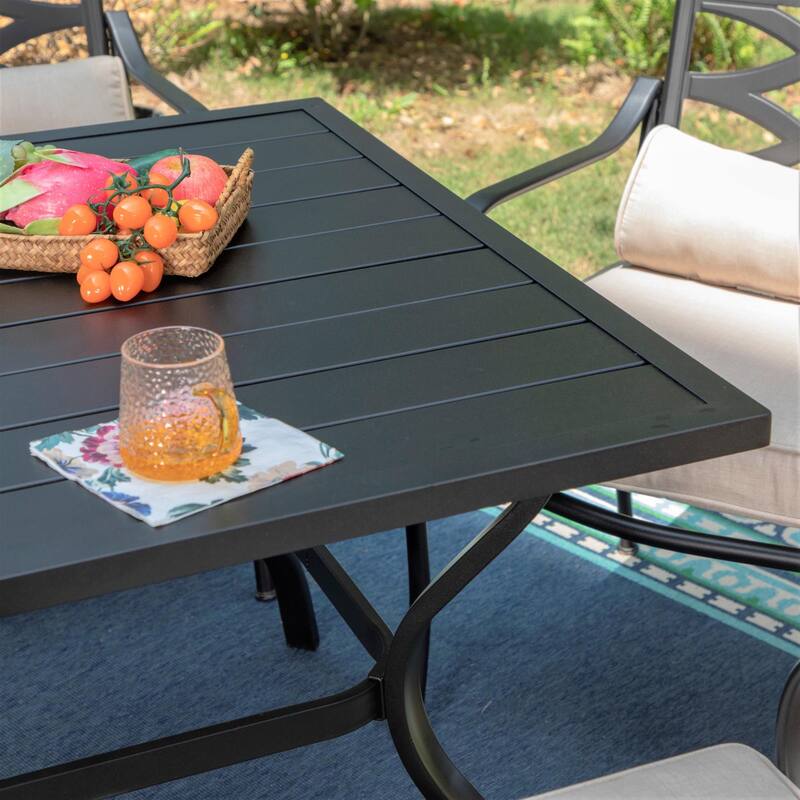 MAISON ARTS 7-Piece Outdoor Dining Set Steel Rectangle Table & Elegant Cast Iron Pattern Dining Chairs