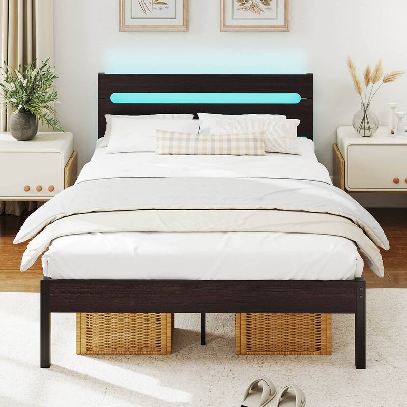 Costway Full Size Bed Frame with Built-in Charging Station Sturdy