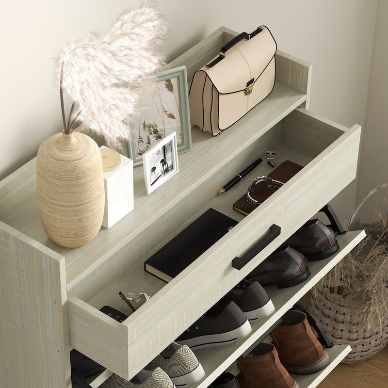 Hidden Shoe Cabinet with 2 Flip Drawers, Adjustable Shelves,Top Drawer