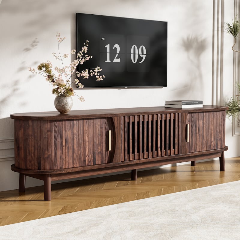 Roomfitters Farmhouse TV Stand for 75" TVs, Wood Entertainment Console with Storage Cabinet, Living Room Design, Dark Brown