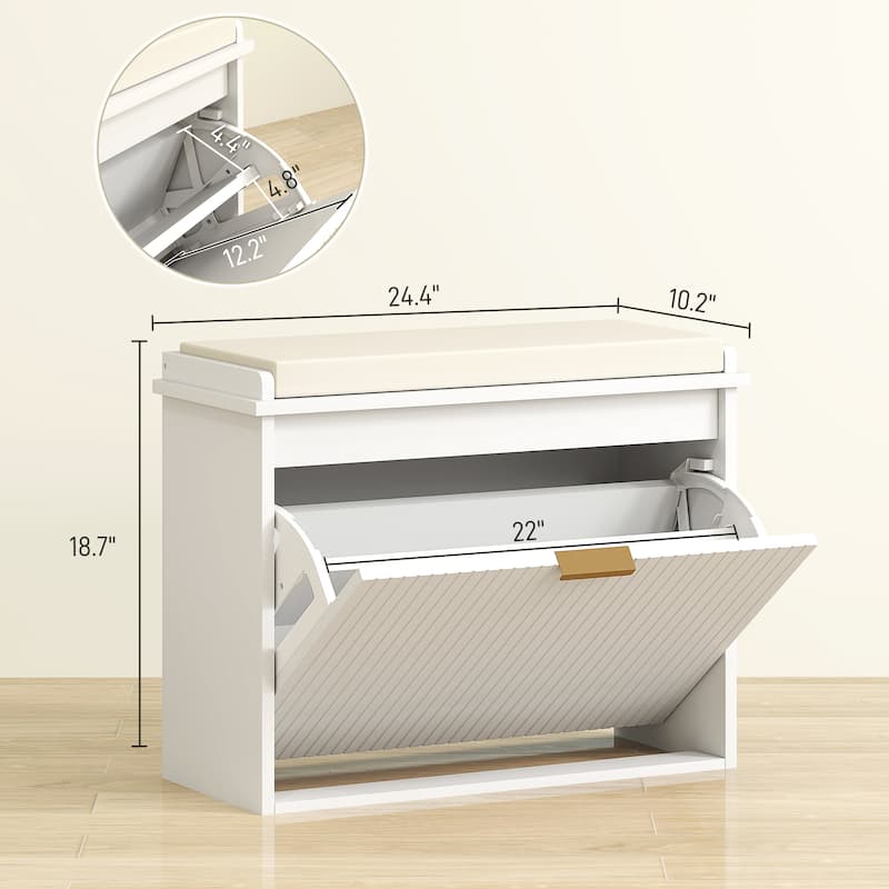 Shoe Storage Bench with Cushioned Seat and Flip Drawer Entryway Organizer