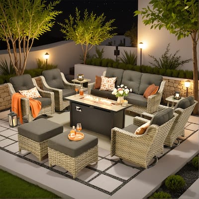OVIOS 10-piece Patio Wicker Swivel Rocking Chair Set With Fire Pit