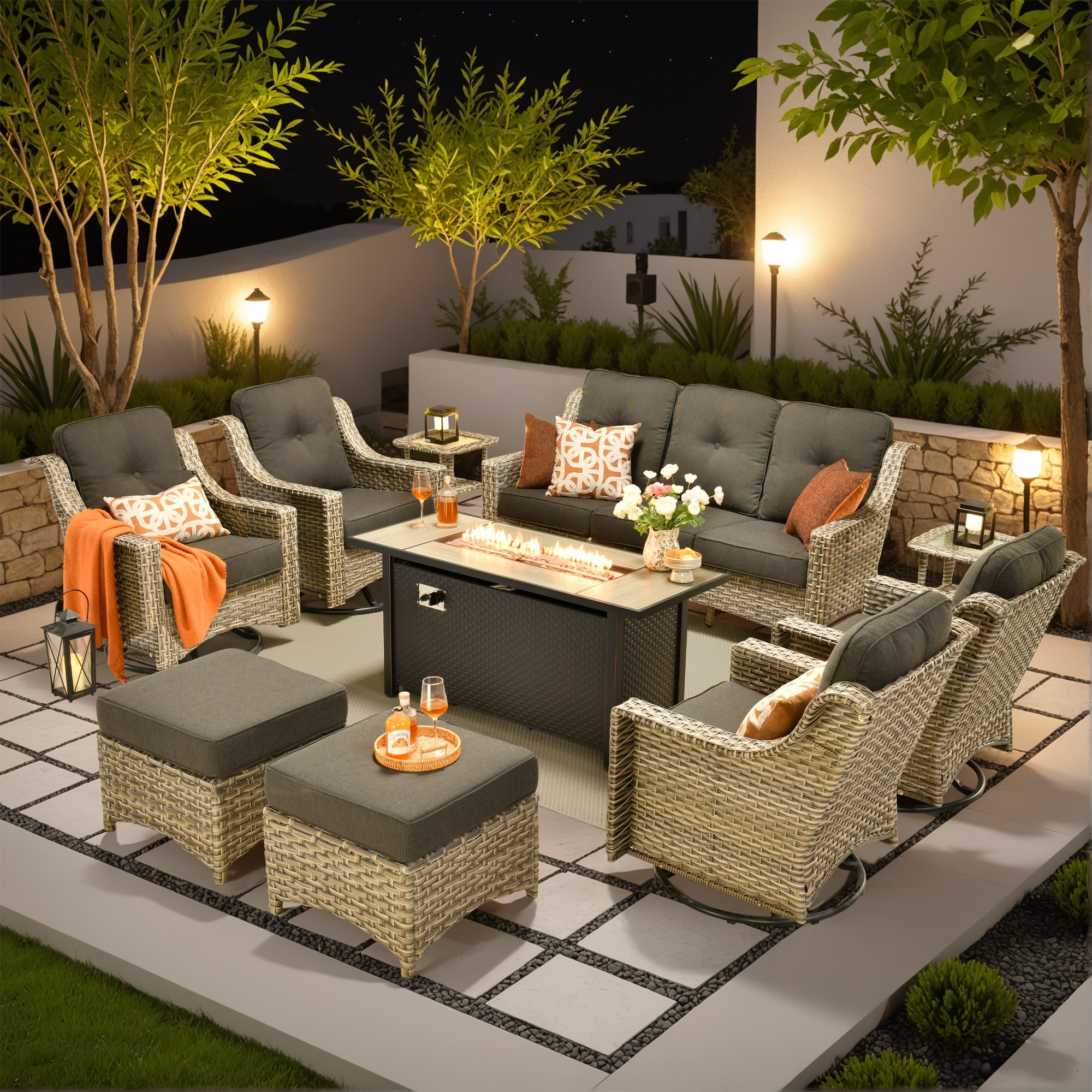 OVIOS 10-piece Patio Wicker Swivel Rocking Chair Set With Fire Pit