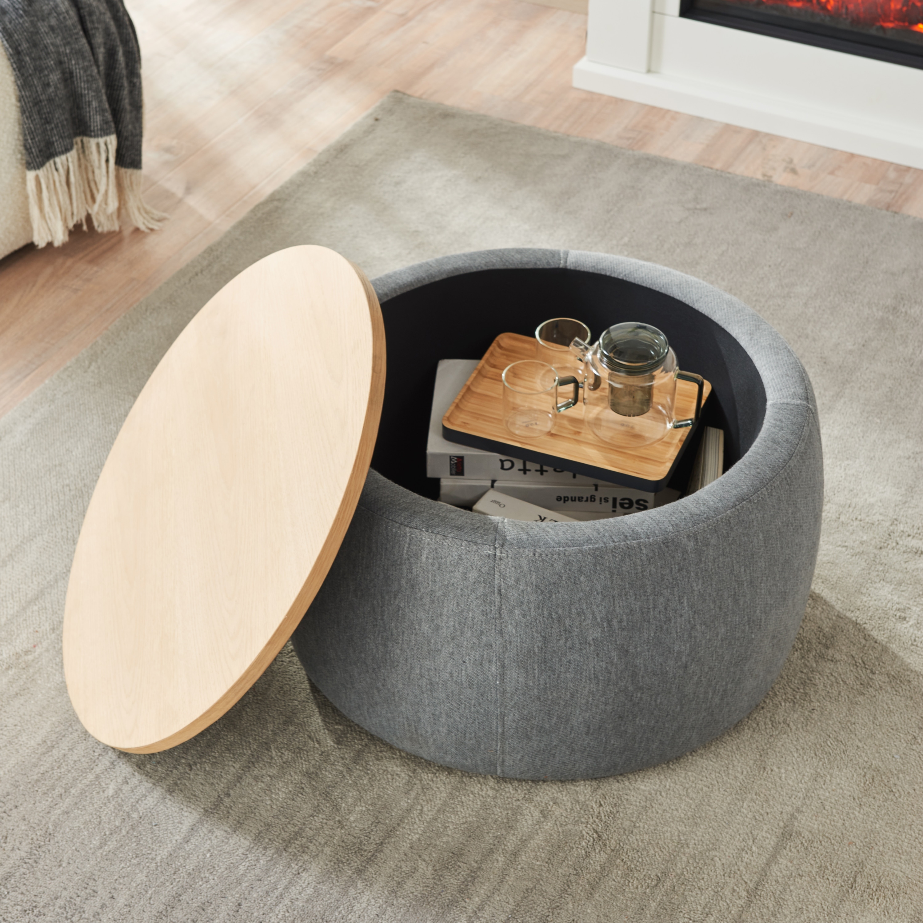 FurnitureR Round Storage Ottoman with Removable Tray Top, Fabric Footrest and End Table for Living Room