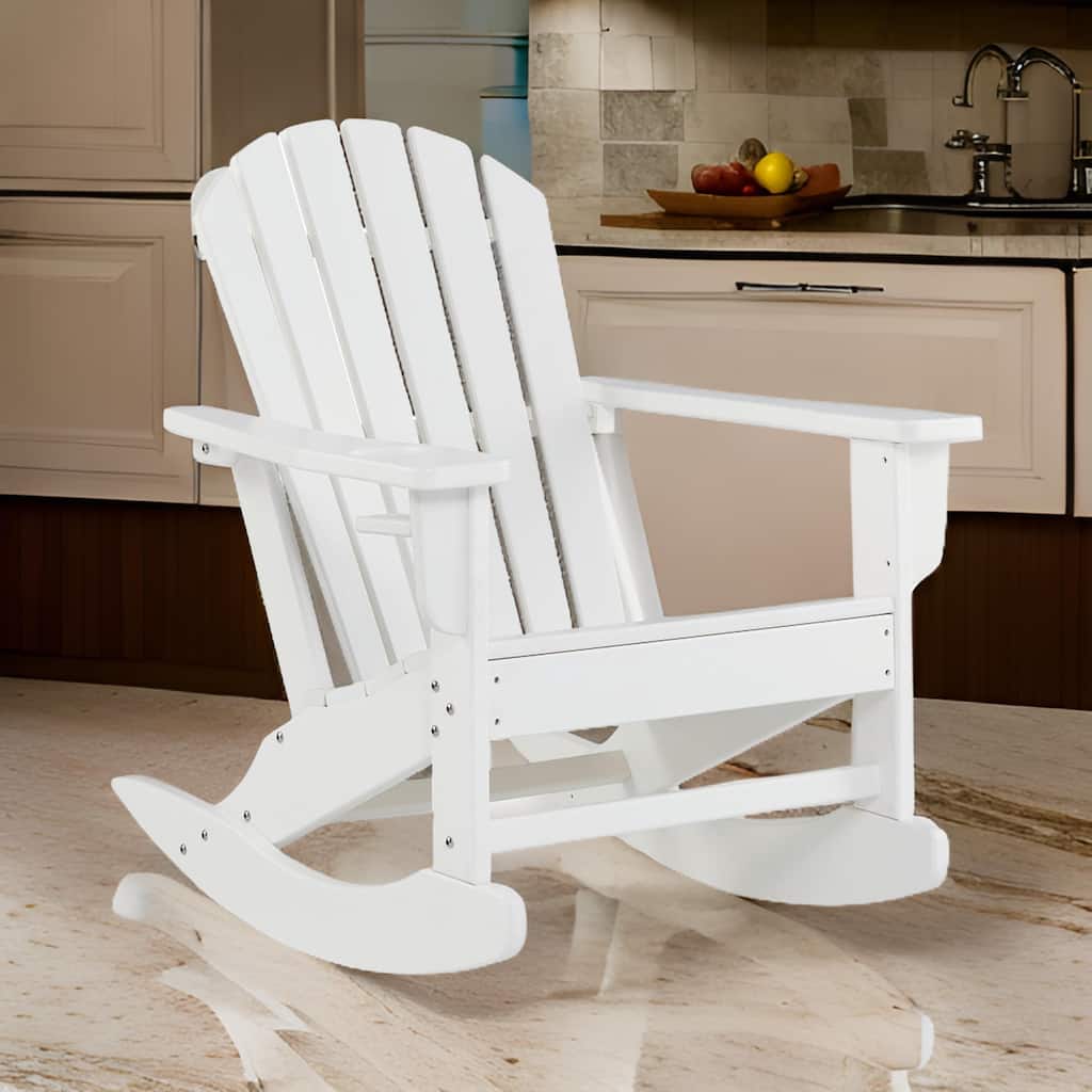 Sami 35 Inch Outdoor Rocking Chair, Slatted Design, Modern White Finish