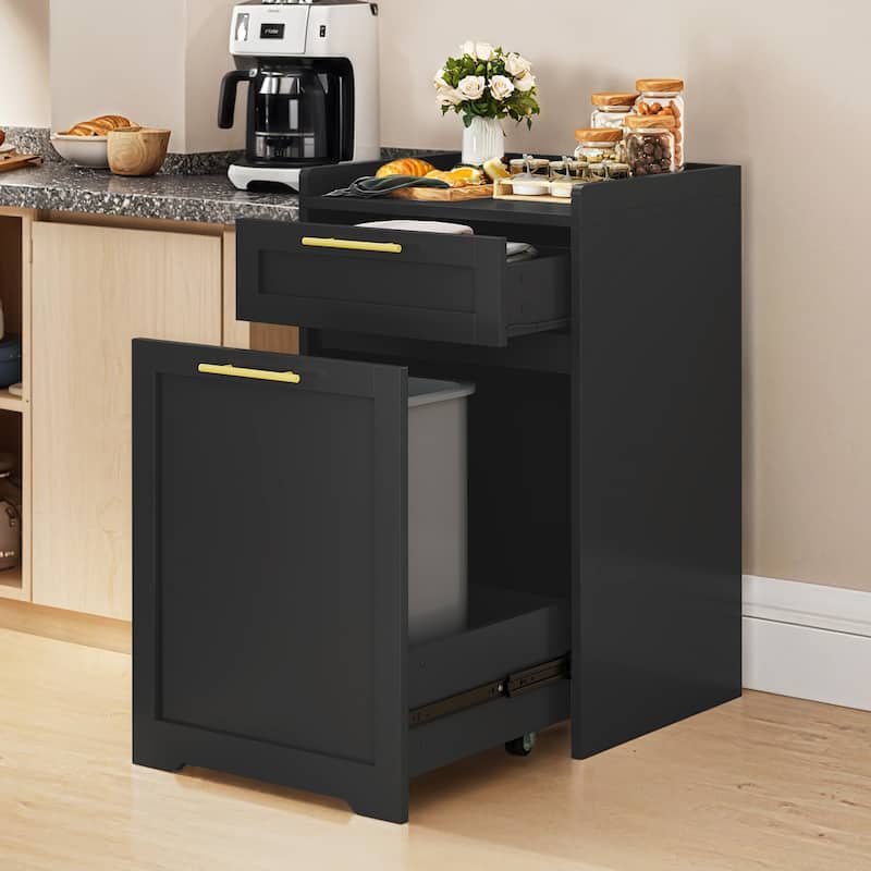 Moasis Double Pull-Out Trash Can Cabinet with Drawer, 2×13 Gallon Kitchen Trash Bin Cabinet - Black