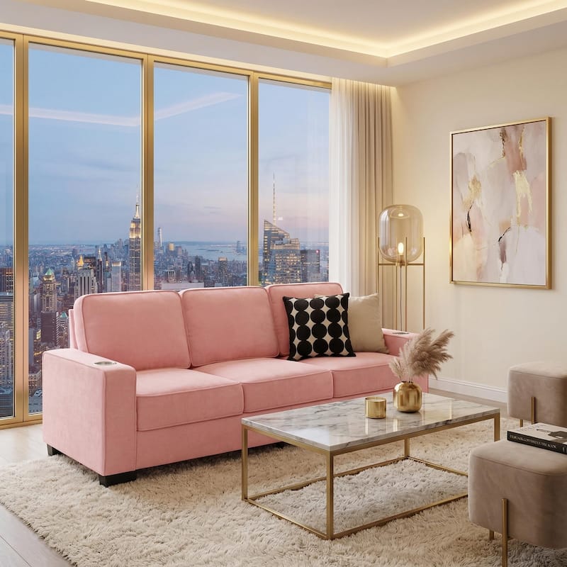 83.8'' Corduroy 3-Seat Sofa with Cup Holders, Modern Upholstered Couch, Compressed Living Room Sofa for Apartment Home Office - Sn-Pink