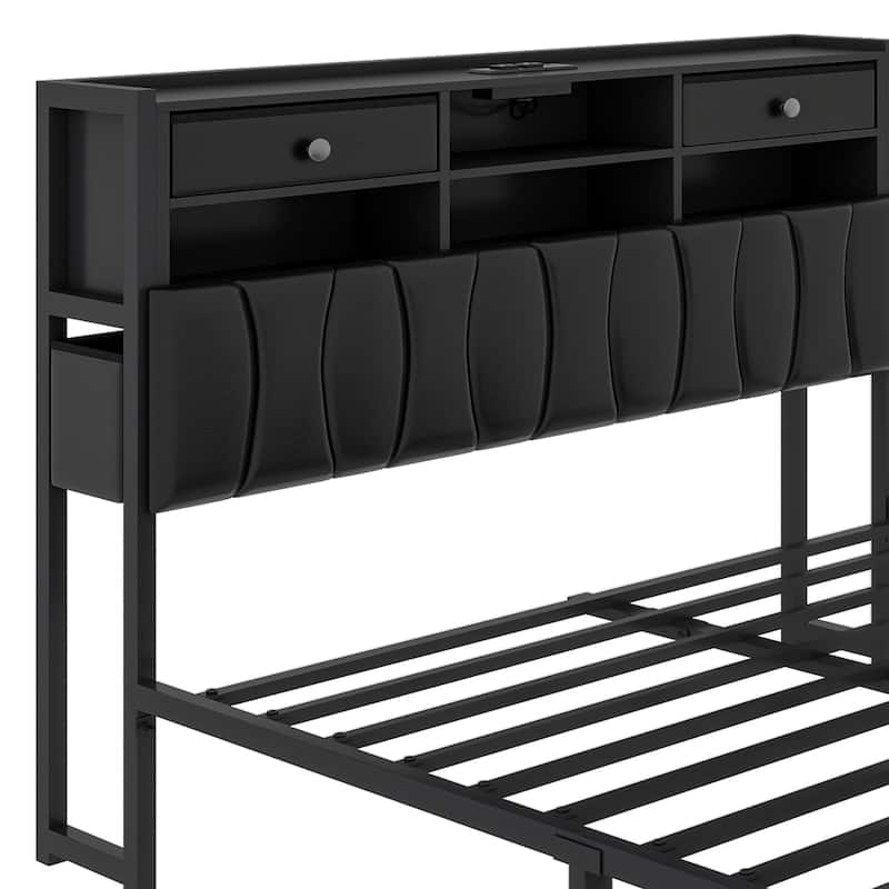 6 Drawers PU Leather Upholstered Platform Bed, Bed Frame with Hidden Storage Headboard and Power Outlets