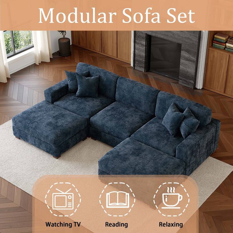 Oversized Chenille Modular Sectional Sofa Conversation Set with 2 Ottomans